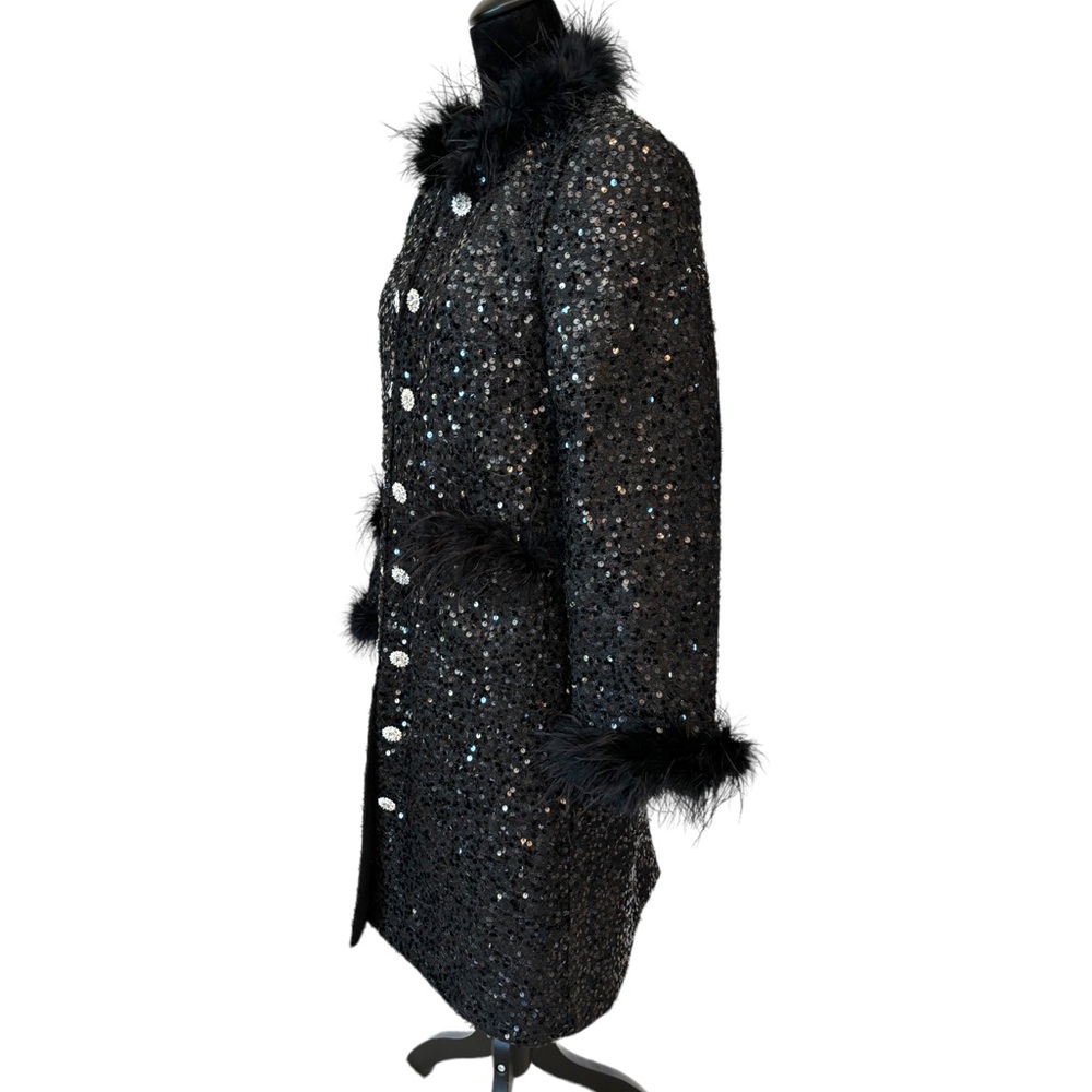 Black Sequin Faux Fur Long Jacket - Picture 5 of 10